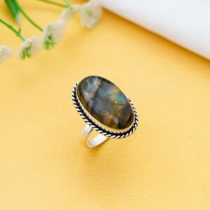 Arts Crystal Products Natural Labradorite Ring Set for Women,Vintage Joint Knuckle Stackable Rings Oval Gemstone Ring